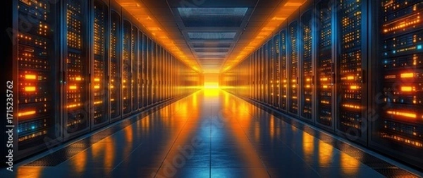 Fototapeta Long corridor of server racks illuminated by warm orange and blue LED lights reflecting off shiny tiled floor creating futuristic and high-tech atmosphere