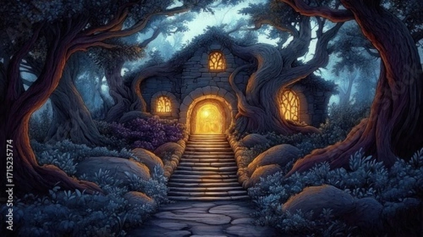Fototapeta A mystical stone house with warm glowing windows nestled in an enchanted forest surrounded by ancient twisted trees and blue-toned foliage, evoking a magical and serene atmosphere