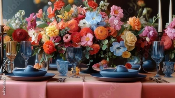 Fototapeta Elegant dining table set with colorful floral centerpiece, blue glassware, and sophisticated tableware creating a warm and inviting atmosphere for a special meal