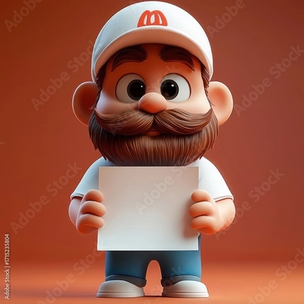 Fototapeta 3d cartoon character with large eyes and mustache holding a blank square sign on an orange background