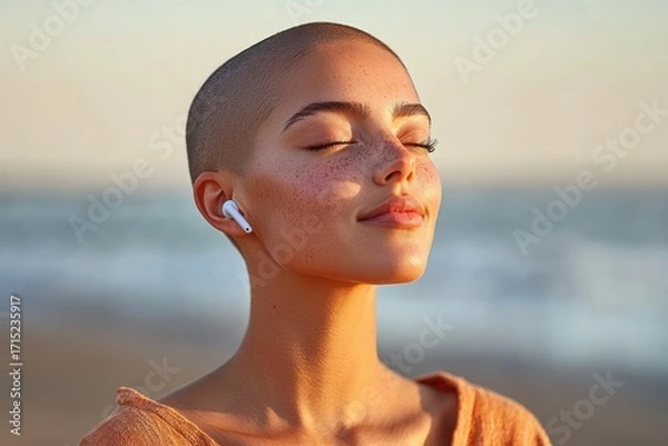 Fototapeta Young person with shaved head and freckles wearing wireless earbuds, eyes closed and smiling peacefully at the beach during golden hour