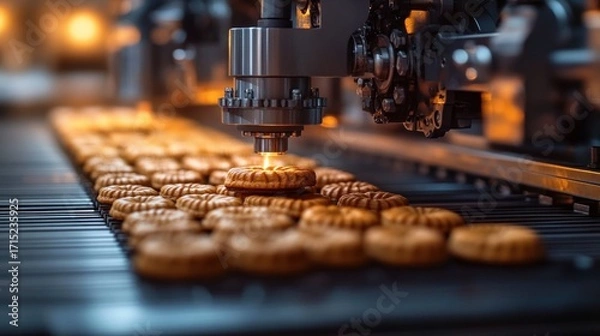Fototapeta Automated production line with machine processing round cookies on conveyor belt in food manufacturing factory