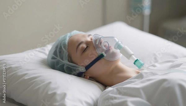 Fototapeta Woman using oxygen mask while resting in hospital bed  