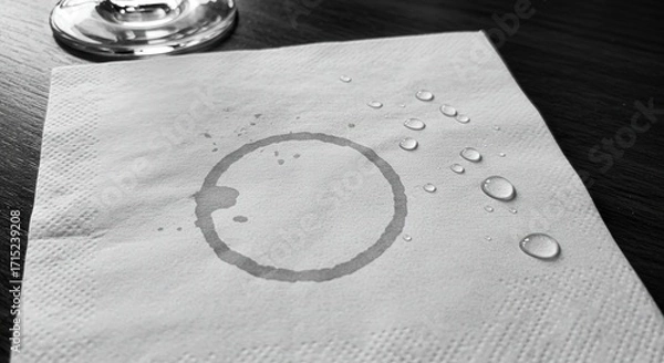Fototapeta Wet ring stain from a glass on a napkin, monochromatic black and white, abstract everyday concept