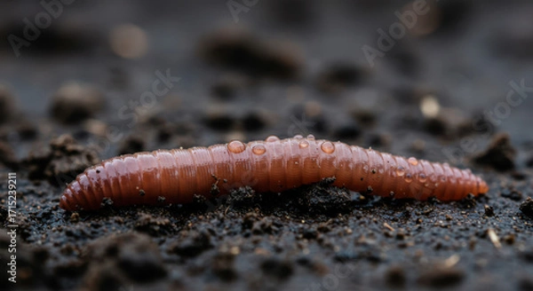 Fototapeta Wet earthworm with water droplets, detailed, crawling on rich soil, garden ecosystem concept