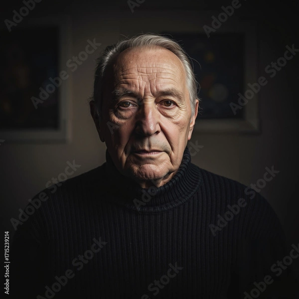 Fototapeta Elderly man with serious expression in dark sweater indoors  
