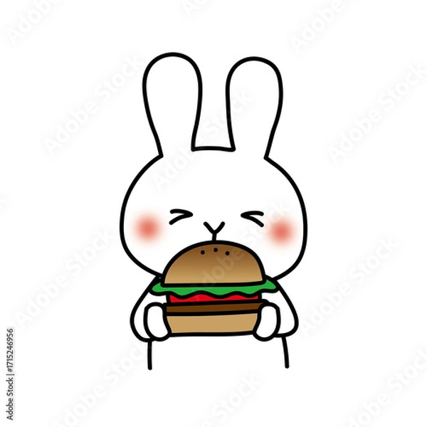 Obraz 大きなハンバーガーを食べる白いうさぎ