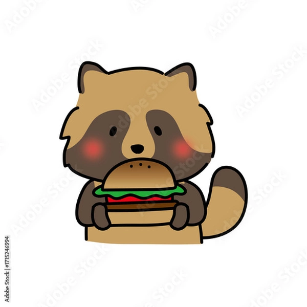 Fototapeta 大きなハンバーガーを食べるタヌキ