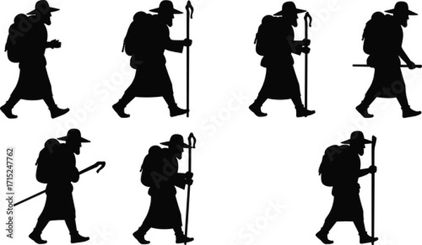 Fototapeta Silhouette of traveler with backpack and walking stick, hiking journey explorer, outdoor adventure man, pilgrimage walk, trekking lifestyle, wanderer artworkSilhouette of traveler