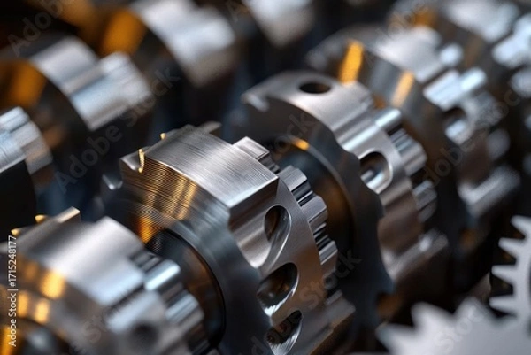 Fototapeta Close-up of polished metallic gears with intricate teeth and smooth surfaces lined up in mechanical assembly under warm lighting