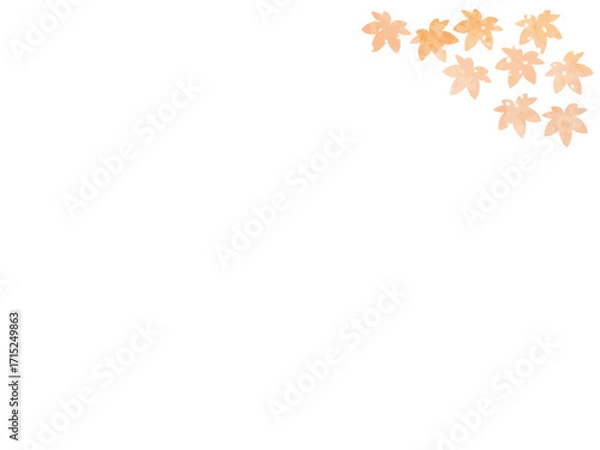 Fototapeta モミジの紅葉イメージの背景素材。かわいい葉っぱのシルエット。やさしい色調で水彩のテクスチャー。光や水滴の輝き。右上に挿絵のあしらい。
