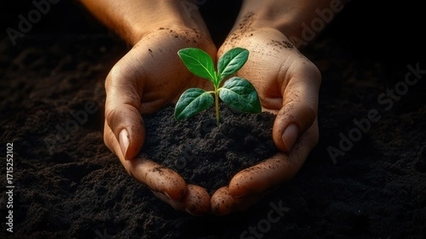 Fototapeta Close-up of hands gently holding soil with a small green plant sprout, symbolizing growth and care in a dark earthy background