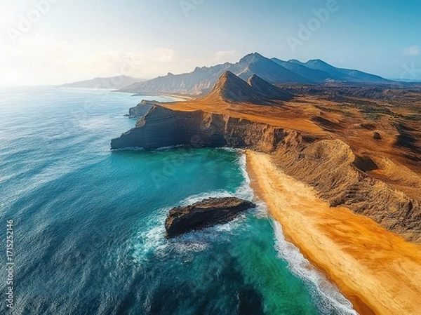 Fototapeta Aerial view of rugged coastline with dramatic rock formations, clear turquoise sea, golden sandy beach, and distant mountains under a bright blue sky