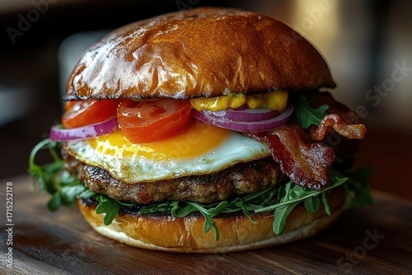 Fototapeta Juicy burger with crispy bacon, fried egg, tomato slices, red onion rings, fresh greens, and mustard on a glossy toasted bun