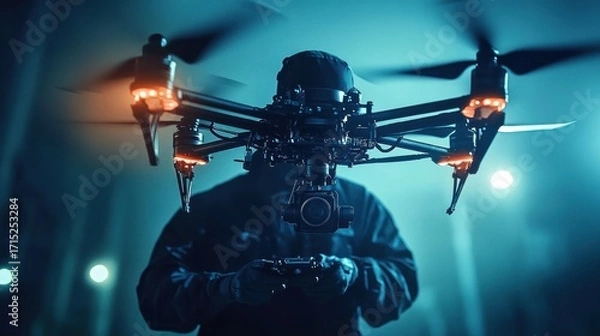 Fototapeta Close-up view of a professional drone with illuminated rotors flying indoors controlled by a person wearing dark clothing in a dimly lit environment