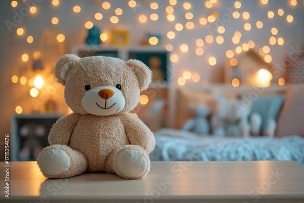 Fototapeta Soft plush teddy bear sitting on a wooden table with cozy bedroom background adorned with warm string lights creating a peaceful and comforting atmosphere