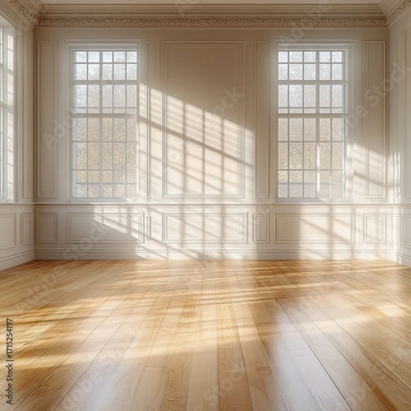 Fototapeta Bright empty room with large windows casting grid shadows on white walls and smooth wooden floor, evoking calm and spacious atmosphere