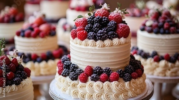 Fototapeta Elegant white cream cake decorated with fresh blackberries, raspberries, strawberries, and small white flowers, surrounded by similar cakes in soft focus
