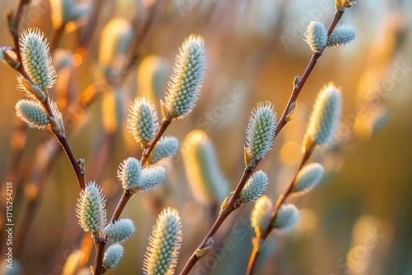 Fototapeta close-up of fluffy catkin buds on slender branches softly illuminated by warm golden sunlight with a blurred natural background