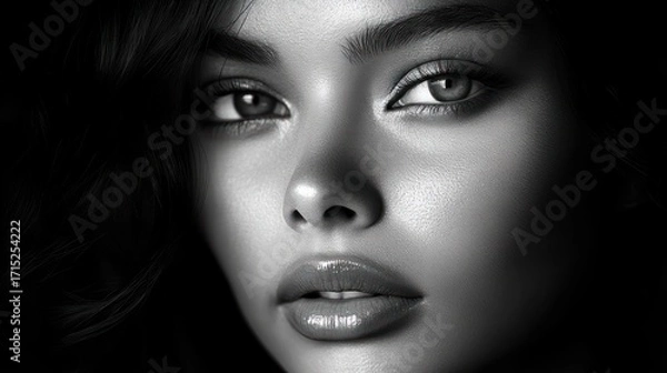 Fototapeta Close-up portrait of a woman with smooth skin, full lips, expressive eyes, and dark flowing hair in black and white showing calm and confident emotion