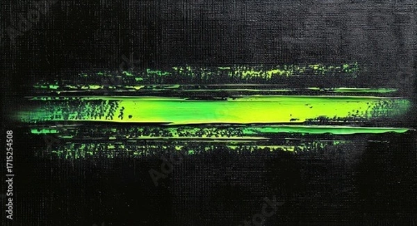 Fototapeta bright neon green horizontal brush strokes on a textured black background creating a glowing streak effect with rough edges