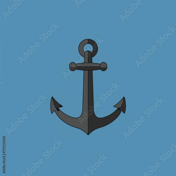 Fototapeta Simple flat design icon of a dark grey nautical anchor for stability and safety, isolated on a blue background