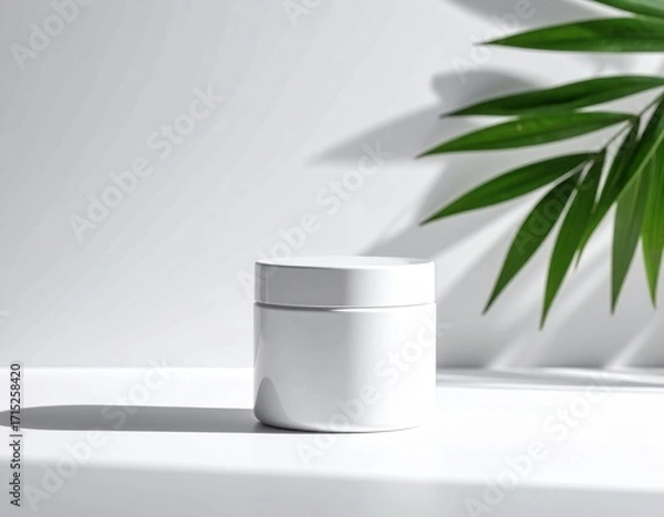 Obraz 白い化粧品ジャー容器とリーフの影が映るシンプルなモックアップデザイン｜スキンケア,コスメ,美容,パッケージ,ブランド