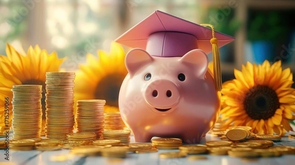 Fototapeta Smiling piggy bank wearing a graduation cap surrounded by stacked gold coins and sunflowers in soft natural light