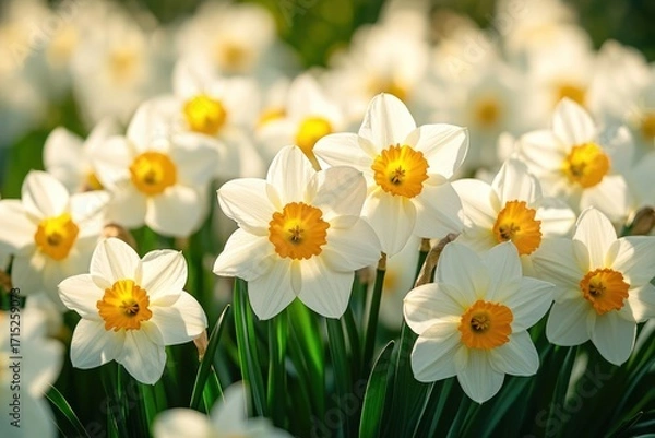 Fototapeta Close-up of vibrant white and yellow daffodils blooming in a sunlit garden, evoking feelings of freshness and springtime renewal