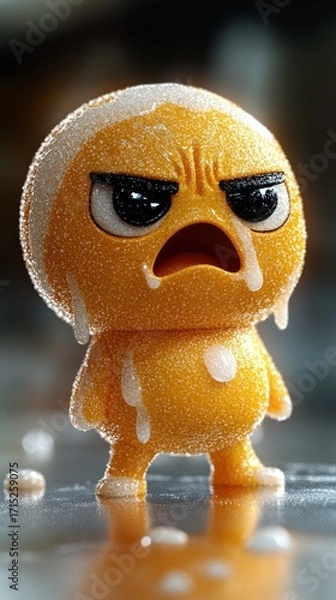 Fototapeta angry small yellow character covered in droplets with dripping white liquid expressing intense emotion