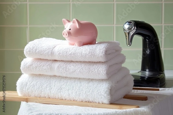 Fototapeta Pink piggy bank on a stack of three fluffy white towels beside a black faucet with green tiled background, conveying cleanliness and savings