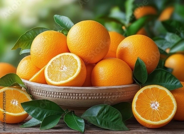Fototapeta Fresh ripe oranges in and around a rustic bowl with green leaves on wooden surface under natural light