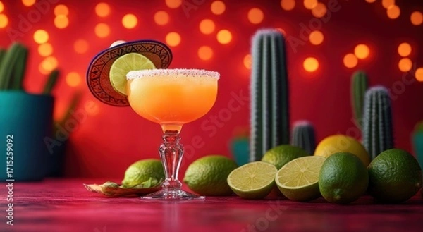 Fototapeta Vibrant orange cocktail with salted rim and lime slice decorated with miniature sombrero surrounded by fresh limes and cactus plants with warm bokeh lights in background