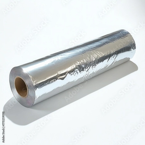 Fototapeta Roll of shiny reflective aluminum foil with a slight crinkled texture resting on a white surface casting soft shadow