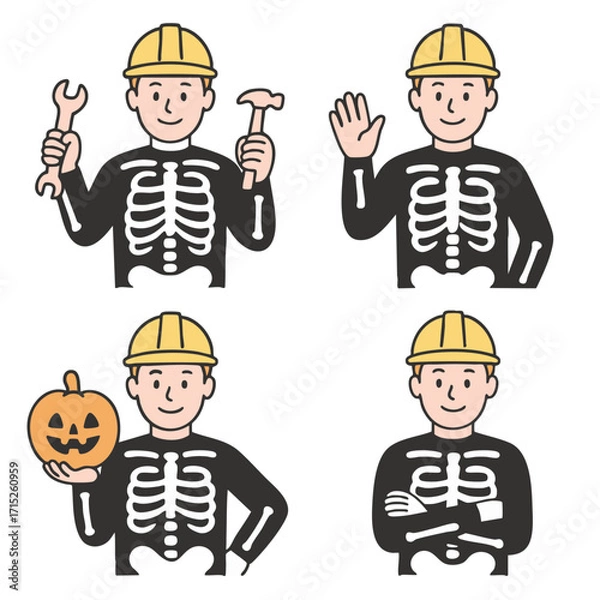 Fototapeta Coloring book coloring page featuring worker in skeleton costume with transperency effect