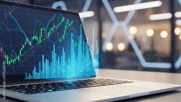 Fototapeta A glowing stock market chart with an upward trend appears to float from a laptop screen, symbolizing modern financial technology and data analysis for business growth.