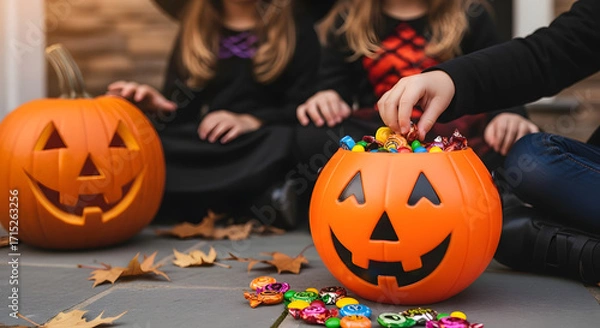 Fototapeta Children s hands reaching for halloween candy from jack o lanterns on a fall day