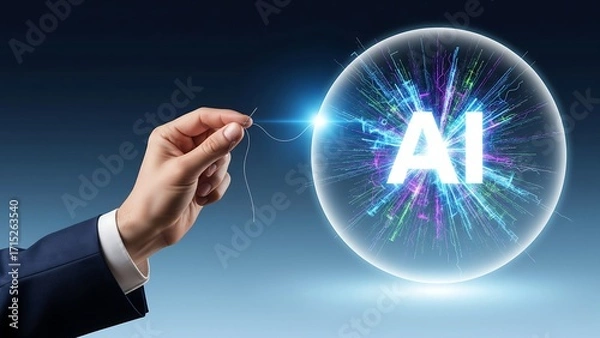 Fototapeta A person's hand holds a thread connected to a glowing orb with the letters AI symbolizing human-driven artificial intelligence and technological innovation.