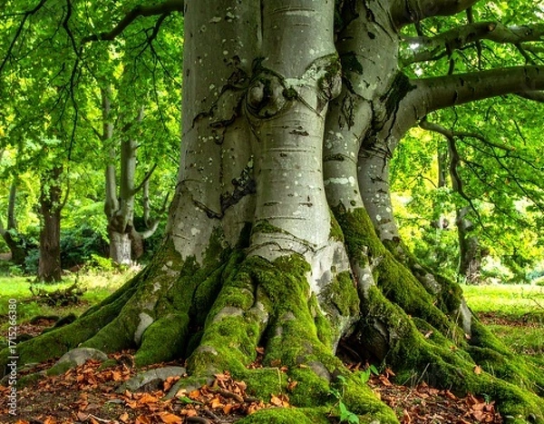 Obraz Lush forest tree with mossy roots