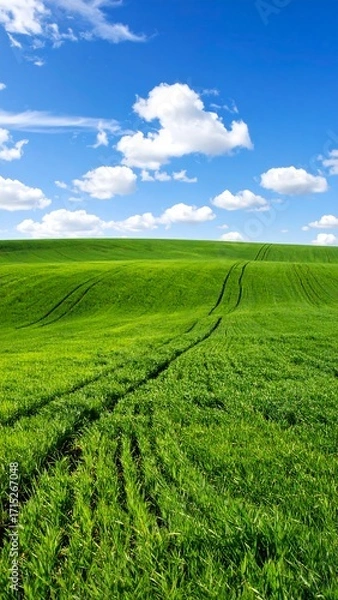 Obraz Lush green field under a vibrant blue sky