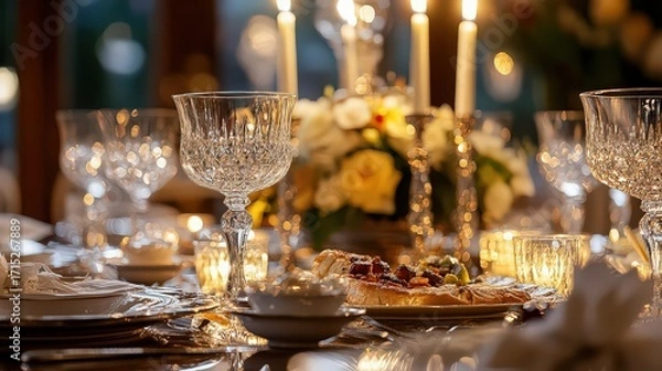 Fototapeta An elegant table setting with crystal glasses, candles, and floral arrangements creates a warm and inviting atmosphere for a special occasion or celebration
