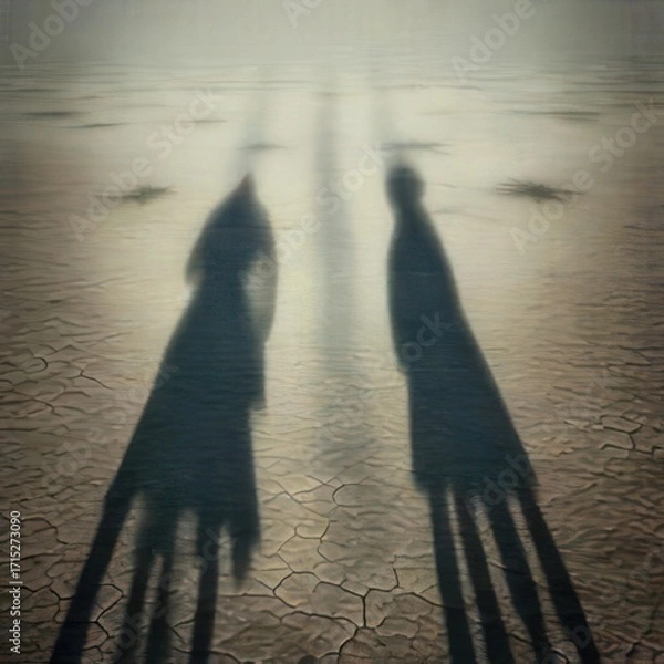Obraz Two figures, silhouetted by shadows, stand on cracked earth