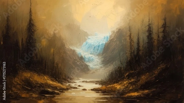 Obraz Glacial valley, autumnal hues, misty mountain range