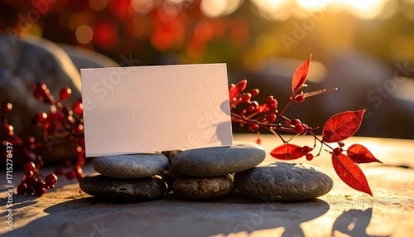 Fototapeta Blank Card Resting on Stacked Stones with Red Autumn Leaves