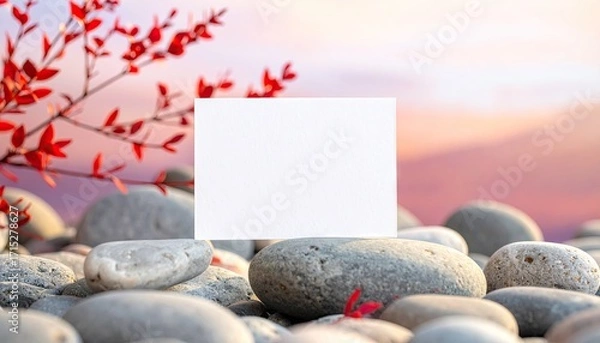 Fototapeta Blank White Place Card on Grey Stones with Red Leaves and Sunset Background