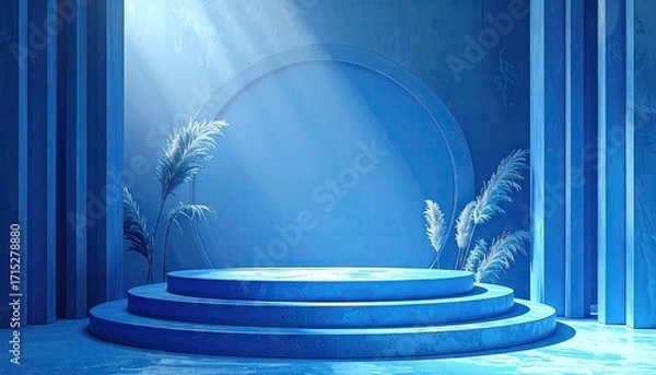 Fototapeta Blue Geometric Platform with Dried Flowers and Light Rays