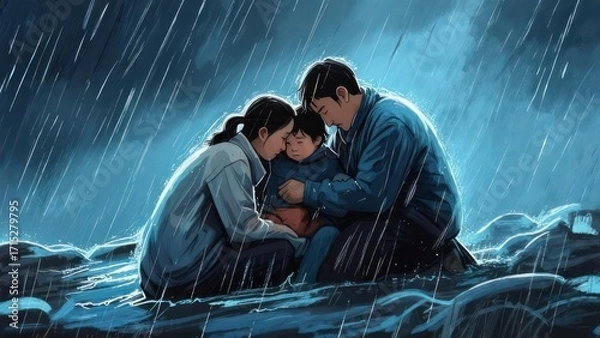 Obraz Family huddled in rain,  embracing during storm