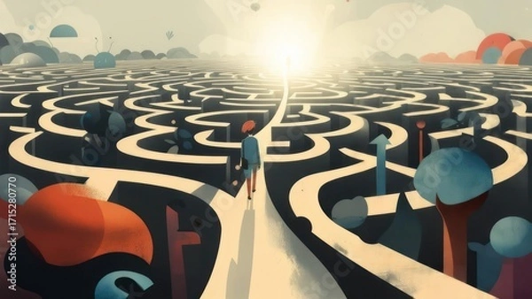 Obraz A stylized maze, a person walks toward a sunlit path
