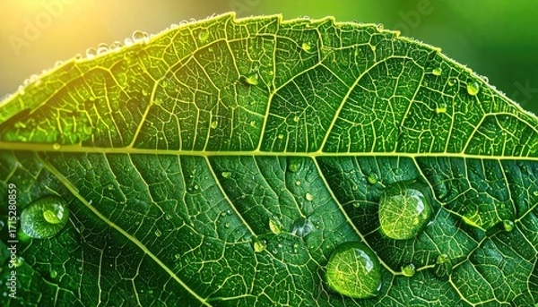 Fototapeta Close-up of Green Leaf with Water Droplets