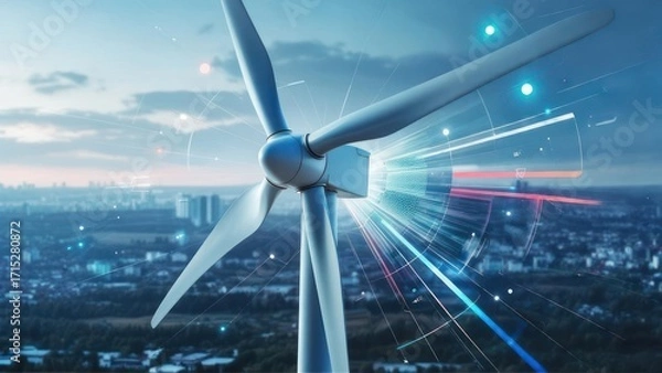 Obraz Wind turbine over city skyline, digital overlay